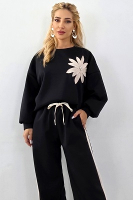 Compleu de zi KEORA, bluza cu detaliu floral si pantaloni lejeri, Negru, Marime S/M/L