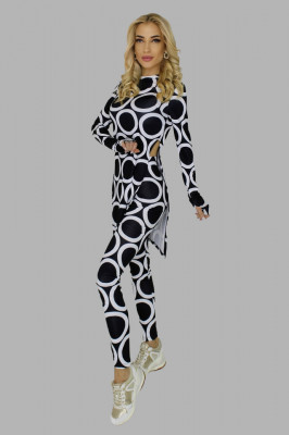 Compleu din doua piese Wonder Dots, imprimeu cu tonuri realiste, bluza cu slituri laterale si pantaloni cu textura elastica, Alb/Negru1