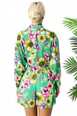 Compleu estival AdeLLa, cu camasa vaporoasa si pantaloni scurti, Verde, Marime S/M 4 spate