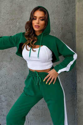 Compleu sport Bold Comfort, cu trei piese, hanorac decupat, top asortat si pantaloni cu dunga laterala, Verde 3