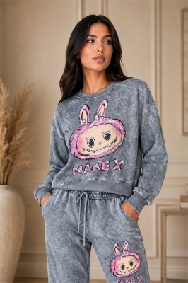Compleu Labubu dama gri din doua piese, cu pantaloni jogger