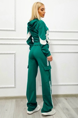 Compleu sport dama KISHA, hanorac bicolor si pantaloni cu buzunare, Verde detaliu spate