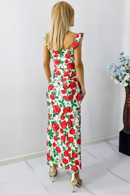 Compleu Summer Party, top cu volane si fusta cu imprimeu trandafiri, Alb, Marime S/M spate