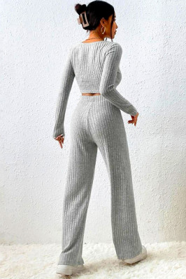 Compleu tetra Charlotte, cu bluza crop, decolteu amplu si pantaloni lejeri, Gri spate