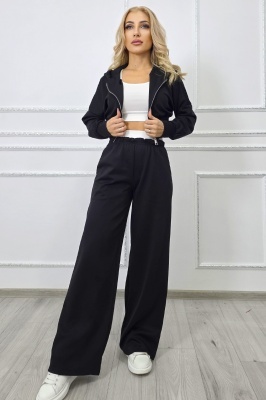 Compleu trei piese ELINA, cu bustiera, hanorac si pantaloni lejeri, Negru, Marime S/M