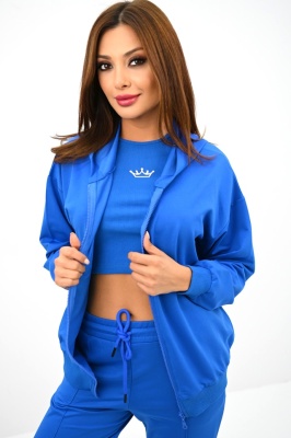 Compleu trei piese THIA, pantaloni sport, top si hanorac cu imprimeu, Albastru detaliu