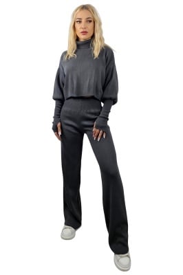 Compleu tricot COMFY, cu pantaloni evazati si bluza crop, Gri inchis, Marime S/M/L