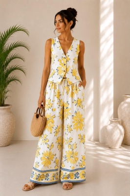 Compleu vaporos Arioso, imprimeu mediteranean, pantaloni palazzo si vesta, Galben