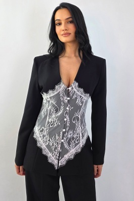 Costum evenimente VALERYS, pantaloni si sacou cu insertie dantela aplicata, Negru, Marime S/M