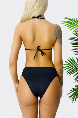 Costum de baie doua piese Hermosa, cu slip modelator semidecupat si sutien cu snururi, Negru spate