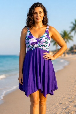 Costum de baie tankini ELARIS, cu bretele reglabile si boxeri, Marimi Mari - Batal, MOV Floral
