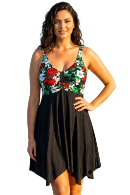 Costum de baie tankini ELARIS, cu bretele reglabile si boxeri, Marimi Mari - Batal, RED Roses