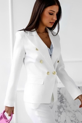 Costum elegant office Paolina, sacou, butoni aurii si pantaloni conici, Alb