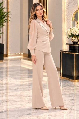 Costum elegant pentru evenimente speciale WILLOW, sacou cu maneca voal si pantaloni cu pliu, Crem