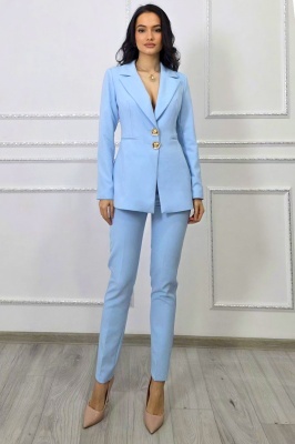 Costum office ARLENA, cu sacou cambrat si pantaloni conici, Baby BLUE