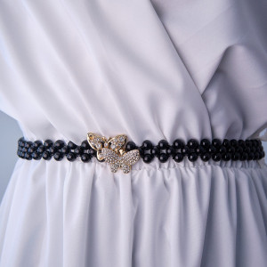 Curea elastica Pearly, catarama metalica decorativa si perle, Butterflies Negru 2