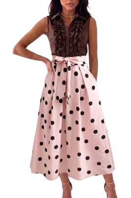 fusta casual eleganta roz cu buline si volum feminin