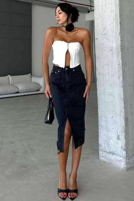 Fusta midi de blugi PUERTO, cu crapatura si perforatii ample, Negru