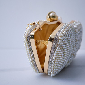 Geanta de ocazie, Opulent Style, de tip clutch, cu detalii decorative florale si perle, Crem 7