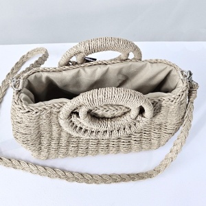 Geanta de plaja STRAW, crossbody, cu husa si lant detasabil, Crem 2