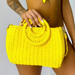 Geanta de plaja STRAW, crossbody, cu husa si lant detasabil, Galben 2