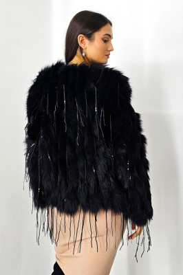 Haina eleganta Aylin, din blana naturala de vulpe, cu paiete asimetrice, Negru, Marime S/M/L spate