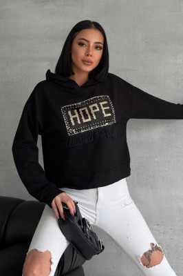 Hanorac cu gluga HOPE, emblema cu paiete si franjuri, Negru 5