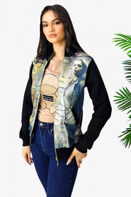 Hanorac vatuit PerHUAN, cu print retro si fermoar, Negru, Marimea M/L lateral