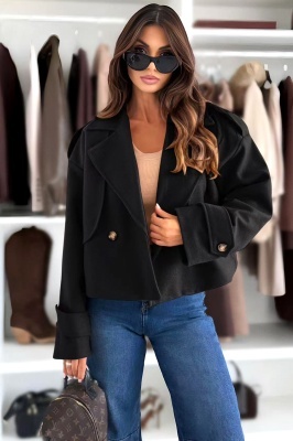 Jacheta eleganta tip fleece Vespera, cu revere si nasturi, Negru, Marime S/M