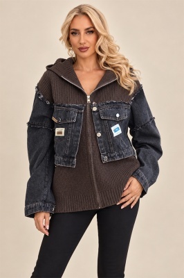 Jachetă hibridă denim și tricot damă, maro cafeniu