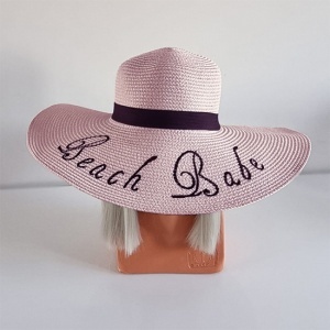 Palarie de plaja, pentru femei, imprimata Beach Babe, cu boruri mari, ROZE