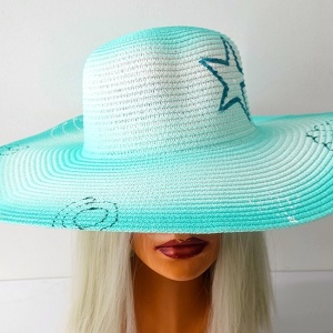 Palarie de soare SeaSide Style, cu imprimeu estival si bor lat, Turquoise 3