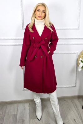 Palton de dama, midi Melanda, cordon detasabil Rosu grena, Marime S/M/L