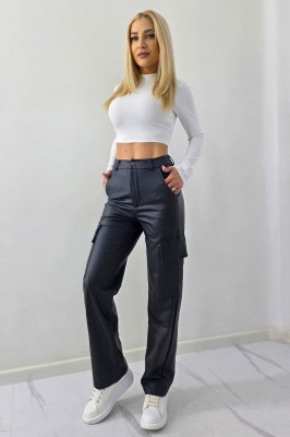 pantaloni cargo drepti material piele eco