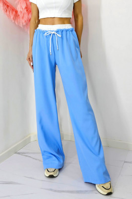 Pantaloni casual ALEF, croiala wide leg si snur in talie, Albastru baby blue, Masura S/M/L
