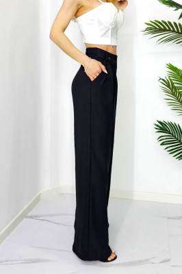 Pantaloni casual Tamy, cu pense si croiala Large evazata, Negru2