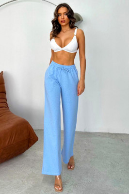 Pantaloni casual HIKE Glow, cu aplicatii tip strasuri si snur in talie, Albastru baby blue