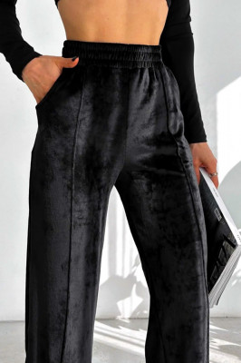 Pantaloni de catifea Touch, croiala lejera cu dunga pe picior, Negru 3