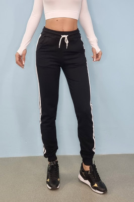 Pantaloni de trening, Confort, cu dunga laterala, Negru-fata