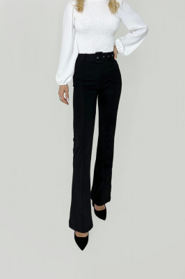 Pantaloni eleganti, Matty, cu nervura pe mijlocul piciorului, croiala evazata si curea asortata, Negru
