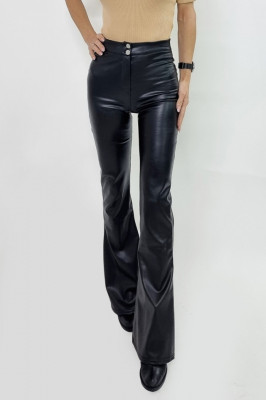 Pantaloni evazati Balkan, din piele ecologica, cu banda fixa in talie si inchidere cu doi nasturi, Negru