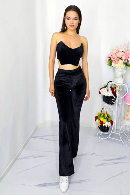 Pantaloni evazati Hana, din catifea cu talie inalta si banda elastica, Negru