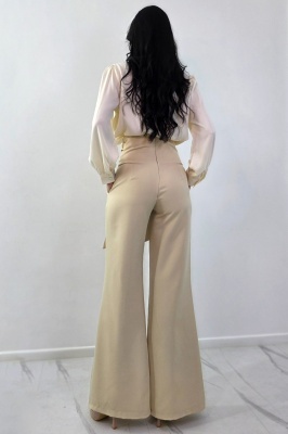 Pantaloni lungi, croi evazat Liora, cu inchidere wrap metalica, Crem