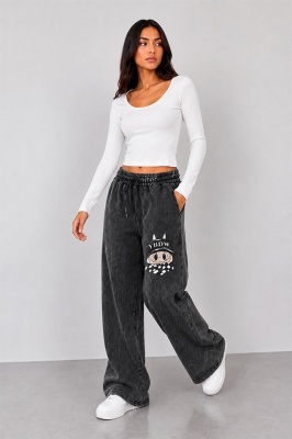 Pantaloni lungi cu aspect catifea Valentinea, cu imprimeu si banda elastica, Negru