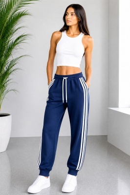 Pantaloni lungi de damă ZINNIA, cu benzi laterale si snur, Bleumarin
