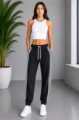 Pantaloni lungi de damă ZINNIA, cu benzi laterale si snur, NEGRU