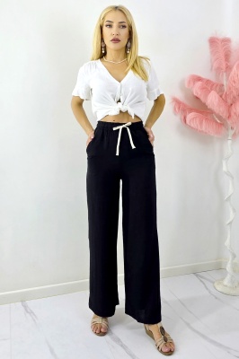 Pantaloni lungi de zi, bumbac MERON, cu snur si croi larg, Negru