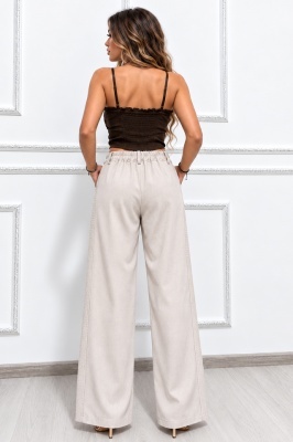 Pantaloni lungi office CELISA, cu pense si talie elastica spate, Alb prafuit, Marime S/M, detaliu spate