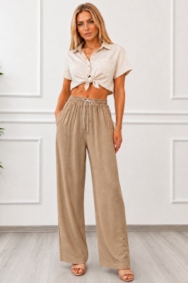 Pantaloni lungi, texturati Marietta, cu snur in talie, Bej