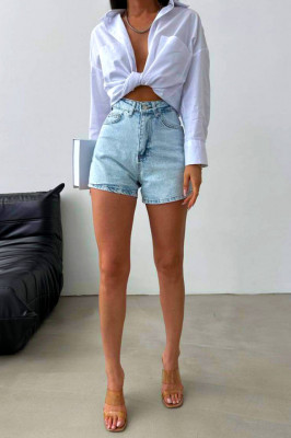 Pantaloni scurti de blugi Soled, croiala mom slimfit si buzunare practice, Albastru zapada
